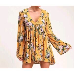 Free People Bella Floral Print Tunic Top In Yellow Size XS NEW Flowy Boho
